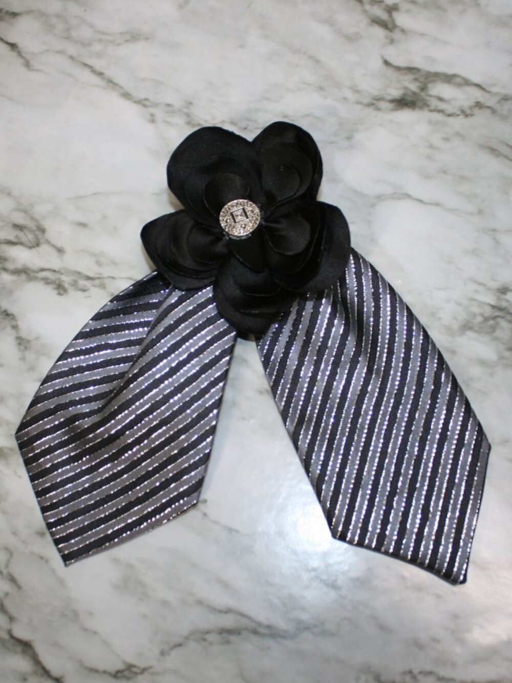 HAND CRAFTED Hair Scrunchy Bow Black Silver Metallic Stripe Upcycled Men's Tie